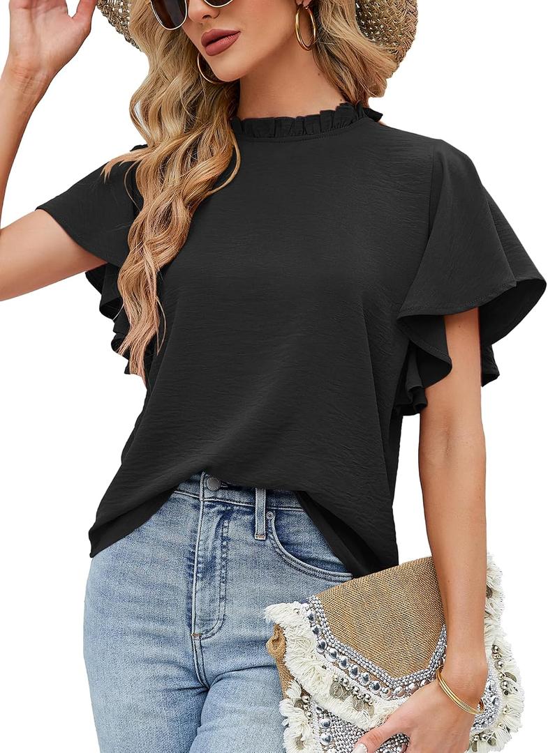 Aifer Blouses for Women Fashion 2026 Business Casual Outfits Ruffle Short Sleeve Dressy Tops Mock Neck Summer Clothes Black Dress Shirts (Black, L)