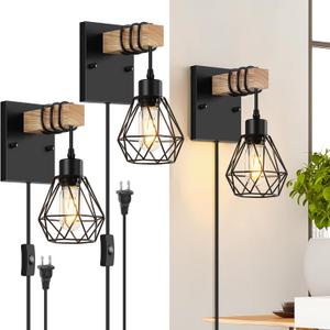 Plug in Wall Sconces Set of Two, Vintage Wood Wall Lamps with Plug in Cord, Farmhouse Wall Light Fixture with 5.25FT On/Off Switch Cord, Indoor Wall Lamp for Bedroom Living Room (Black)