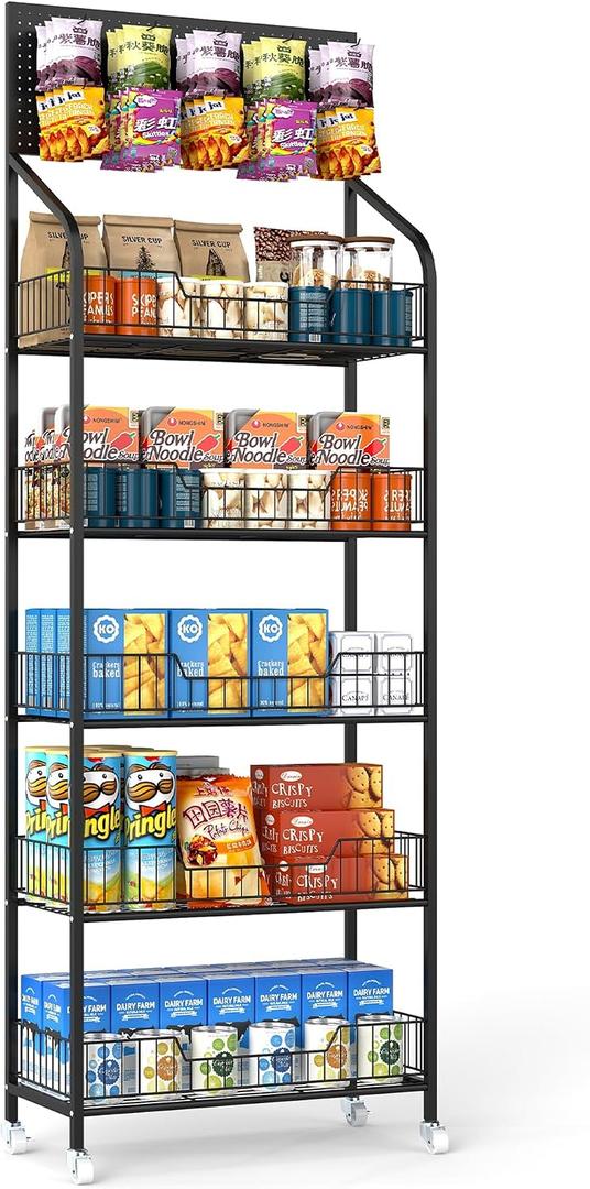 Retail Snack Display Stand,5-Tier Black Metal Storage Shelf Brackets with Wheels & Hooks,Metal Storage Shelves Heavy Duty, Retail Display Shelves Racks,Snack Organizer Stand Display Supplies, 67 inches x 23.6 inches x 10.6 inches