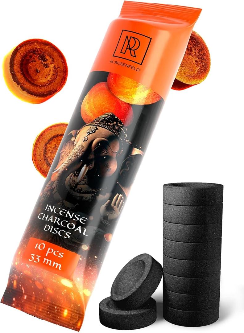 Charcoal Discs to Burn Incense - 10 pcs Charcoal for Incense Burning - 33 mm Most Quick Light Coals Tablets by M. ROSENFELD - 33 mm Resin Burner Rolls Pack of 10 Instant Fire Coal Tablets
