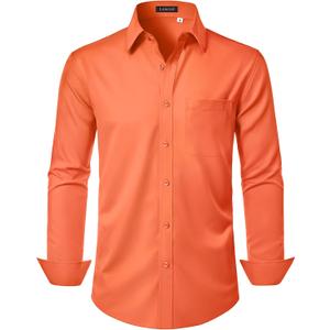 Men's Dress Shirts Long Sleeve Stretch Regular Fit Casual Formal Wedding Wrinkle Free Button Down Shirt with Pocket (Large, Orange)