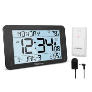 Geevon Atomic Clock with Indoor Outdoor Temperature 10.8'' Large Display, Self-Setting Wall Clock with Wireless Sensor, AC Powered & Battery Backup, Easy for Seniors, Bedroom, Office, Kitchen