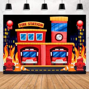 Fire Station Party Backdrop Fire Truck Cake Table Decorations Alarm Bell Fire Hydrant Fire Background Photography Props 7x5ft BJLSFH227