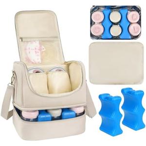 Jaffzora Wearable Breast Pump Bag with Cooler Compartment Fits for Willow/Elvie/Momcozy M5/S12 Pro/Medela, Breast Milk Travel Tote Bag with Ice Pack & Waterproof Mat,Apricot