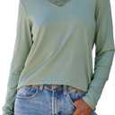 Dokotoo T Shirts for Women Casual Long Sleeve V Neck Lace Trim Tops Lightweight Solid Color Basic Tees Blouses (Medium, Green)
