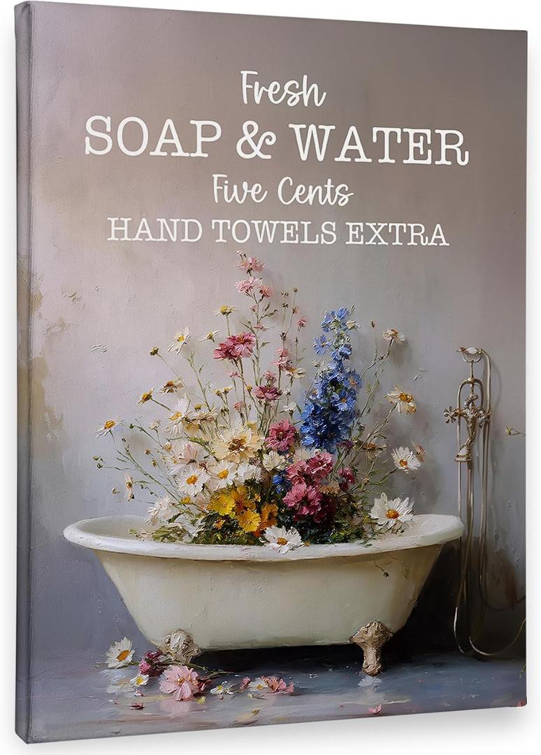 PHAMTE Bathroom Vintage Floral Wall Art Decor Canvas 11x14, Farmhouse Bathroom Pictures Decorations, Rustic Wildflower Bathtub Framed Prints Artwork for Washroom Restroom Toilet Decor