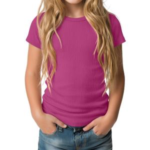 Oakgarden Girls' Short Sleeve Shirts Crew Neck Ribbed Knit Tops Casual Basic Slim Fitted Tees Summer Fashion Soft T Shirts