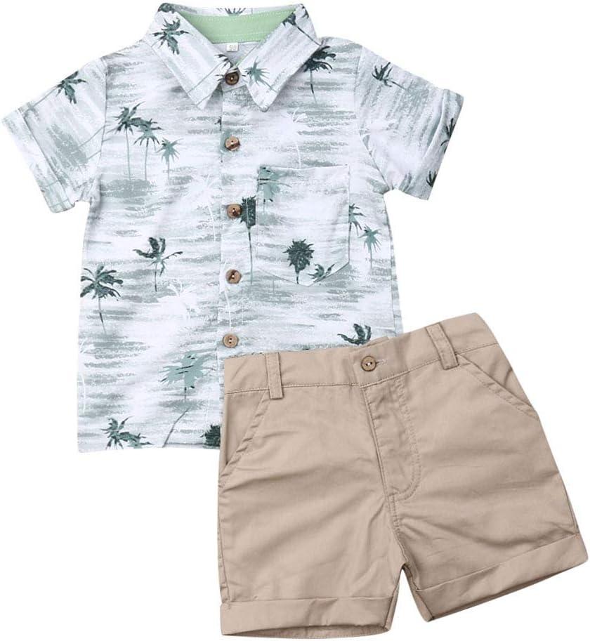 VISGOGO Toddler Baby Boy Flamingo Short Sleeve Button Down Shirt & Casual Shorts Set Summer Outfits 1-6 Years Clothes (3-4T, Coconut Tree)