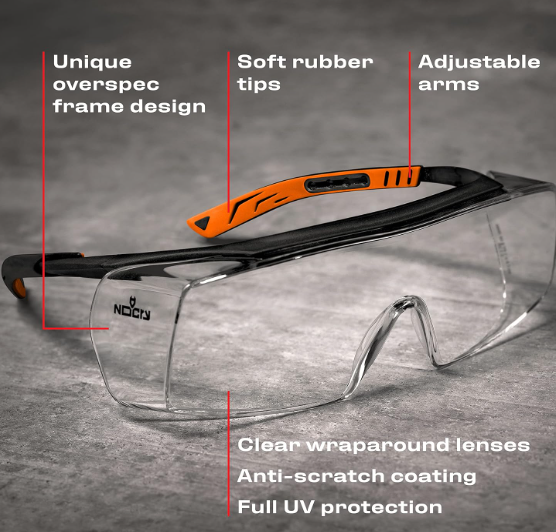 NoCry Safety Glasses Over Eyeglasses for Men and Women with Anti Scratch Lenses and Integrated Side Shields — Adjustable Temples with Anti-Slip Tips — 100% UV Protective Eyewear — ANSI Z87 Certified