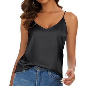 Miqieer Basic Women's Silk Tank Top Ladies V-Neck Camisole Silky Loose Sleeveless Blouse Satin Tank Shirt(Black, M)