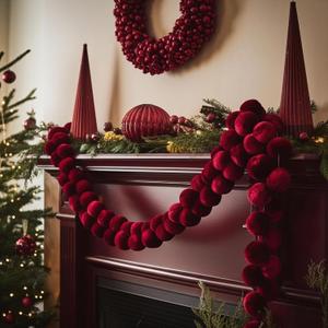 Geelin 2 Pcs 6.8ft 7.8ft Christmas Velvet Ball Garland Burgundy Christmas Ornament Garland 2.3 Inch Ball Xmas Hanging Decor for Tree Fireplace Mantel Holiday Party Indoor Outdoor Home