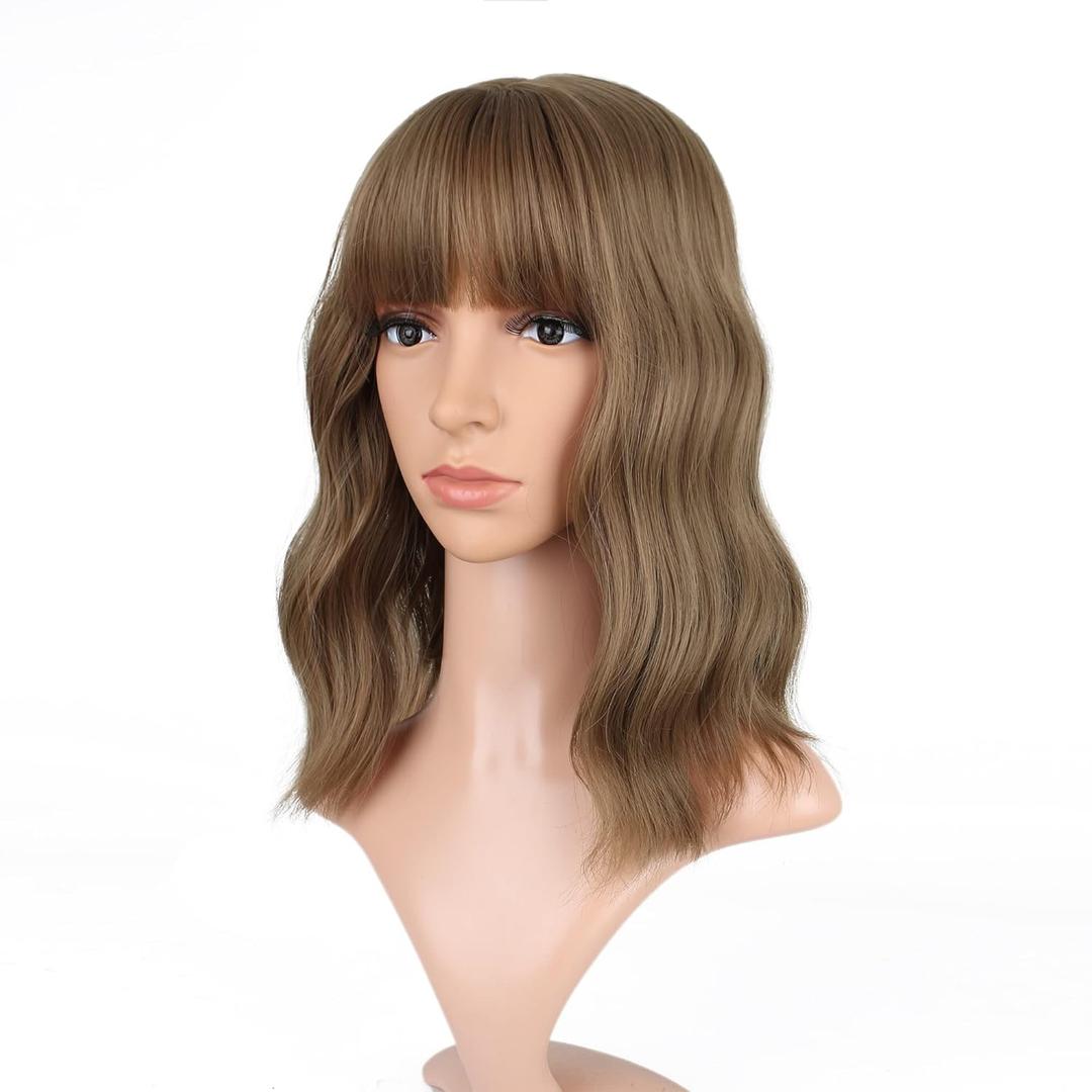 VCKOVCKO Light Brown Curly Bob Wig With Air Bangs Natural Curly Wavy Short Bob Wigs Women's Shoulder Length Wigs Synthetic Cosplay for Girl Colorful Wigs, (12",Light Brown)