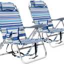 Backpack Beach Camping Chairs with 8 Positions Lay Flat, 2 Pack Lightweight Folding Beach Chair with Adjustable Headrest, Pouch, Cup Holder for Outdoor Lawn Picnic, Support 300LBS(Stripes_Blue & Cyan)
