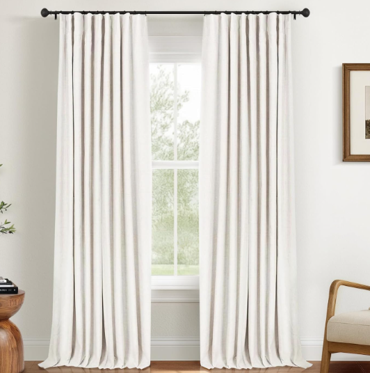 INOVADAY 100% Blackout Curtains for Bedroom, Black Out Curtains 84 Inch Long, Clip Rings Linen Blackout Drapes, Thermal Insulated Room Darkening for Living Room, 2 Panels  Beige,W50xL84