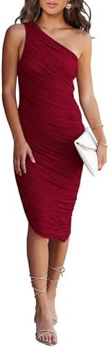 PRETTYGARDEN Summer One Shoulder Dresses for Women 2025 Elegant Mesh Ruched Asymmetrical Wedding Guest Cocktail Bodycon Dress, M, Red