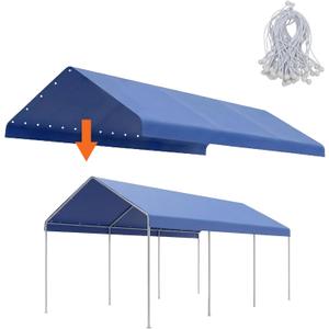 Aoodor 10 x 20 FT Carport Replacement Canopy Cover with Extra-Long Ball Bungees, Garage Top Tent Shelter Tarp for All Weather, Only Cover, Blue