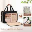 Wedama Toiletry Bag for Women, Hanging Travel Toiletry Bag with Jewelry Organizer Compartment Medium Makeup Bag, PVC Waterproof Cosmetic Travel Bag Trips Camping Bathroom, Black+Brown