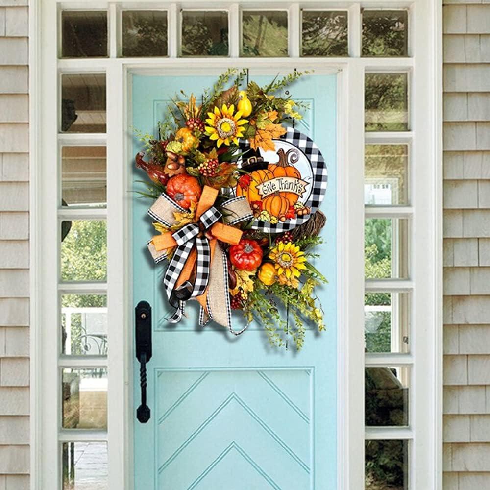 Thanksgiving Fall Wreath with Pumpkin, Maple Leaves, Sunflowers - Indoor/Outdoor Decor (1)