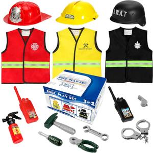Boys Dress up Trunk Costumes Set,15pcs Pretend Role Play Set Fireman, Police, Construction Worker Costume with Accessories for Kids Ages 3-7