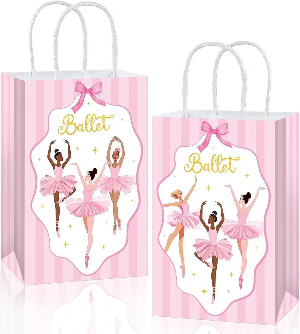 16Pcs Ballerina Party Favor Bags Ballerina Birthday Decorations Ballet Theme Candy Goodie Bags with Handles Pink Dancing Girl Gift Paper Bag for Girls Birthday Baby Shower Wedding Party Supplies