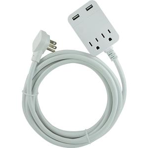 GE Outlet Extension Cord, 12Ft Extension Cord, Surge Protector With USB Ports, 3-Prong Flat Plug Power Strip, 360J Surge Protector, 240V Charging Station, White, 32089