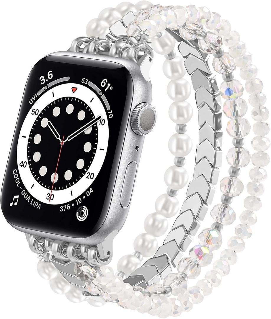 MOFREE Beaded Bracelet Compatible with Apple Watch Band 42mm/44mm/45mm/49mm/46mm Series 10/9/8/7/SE/6/5/4/3/2/1 Women Fashion Handmade Elastic Stretch Strap for iWatch Bands Replacement (White)