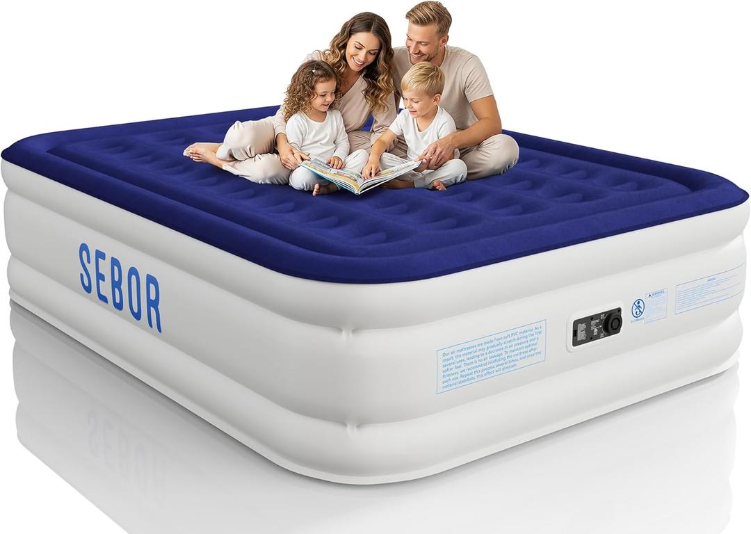 Sebor Air Mattress Queen with Built-in Pump 18", Comfortable Self-Inflating Air Mattress with High-Speed Pump, Durable Blow Up Mattress Queen with Storage Bag for Guests, Camping, Travel (Blue White)