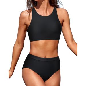 Tempt Me Women High Waisted Bikini Two Piece Swimsuits High Neck Crop Top Racerback Sporty Bathing Suits for Teen Girls (Large, Black)