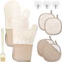 7 PCS Kitchen Oven Mitts and Pot Holders Cooking Mittens Heat Resistant 500F Silicone Oven Mitts Soft Cotton Lining Non-Slip Oven Mittens for Kitchen Baking BBQ Cooking with Hook Up Oil Brush(Cream)