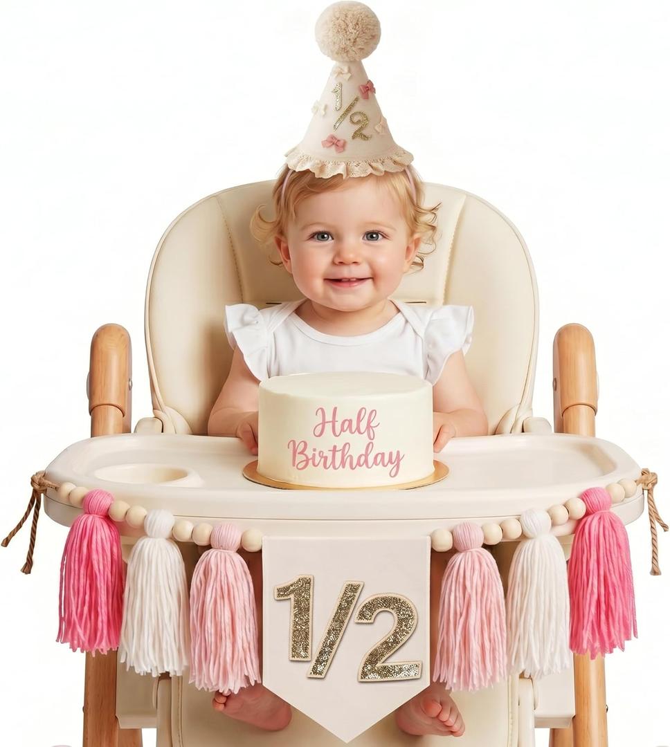 1/2 Birthday Girl Half Birthday Decorations High Chair Banner & Cone Hat Pink Tassel Wood Bead Garland Half Way To One Girl Decorations Cake Smash Photo Props For Six Months