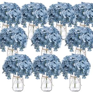 Hydrangea Flower in Mason Jars, 10 Set Floral Arrangements Table Centerpieces Decor Glass Flowers Vases for Home Party Wedding Bridal Shower Graduation Boho Decorative(Blue)