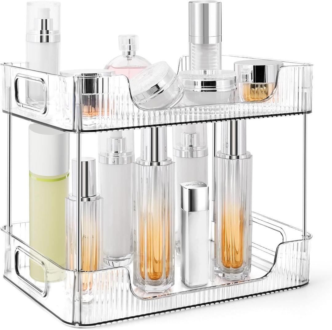 2-Tier Bathroom Counter Organizer Countertop Storage, Dresser Organizer Vanity Tray for Makeup, Perfume Organizer Cosmetics Skincare Shelf- Clear (Non-plated handle)