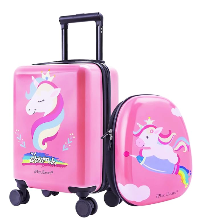 iPlay, iLearn Unicorn Kids Luggage, Girls Carry on Suitcase, 18" Hardside Travel Luggage Set W/Backpack, Toddler Rolling Luggage W/ 4 Spinner