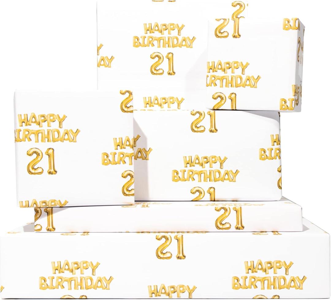 Happy Birthday Wrapping Paper - 6 Sheets of Gift Wrap - Colorful Balloons Wrapping Paper Sheets - For Men and Women - 21st Birthday - Twenty-one - Comes With Fun Stickers - By Central