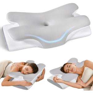 Cervical Neck Pillow for Neck Shoulder Pain Relief, Soft Contour Side Sleeper Pillow of 2 Heights, Odorless Q-max Cooling Memory Foam Orthopedic Bed Pillow for Back Stomach Sleeper (Grey-white)