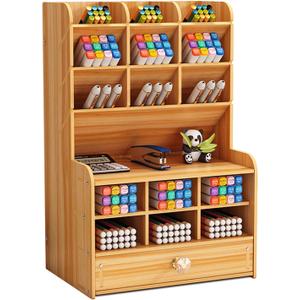 Marbrasse Wooden Desk Stationary Organizer, Multi-Functional Pen Holder, Storage Rack for School Home Office Art Supplie (B16-Cherry Color)