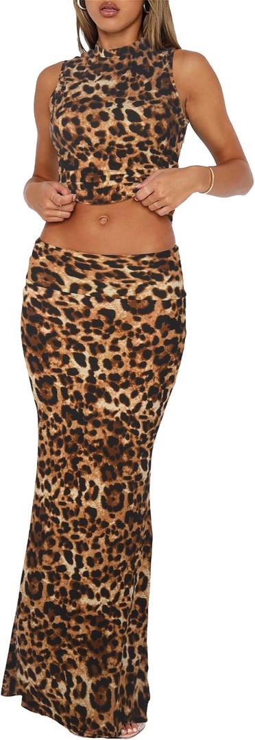 Skirt Sets Women 2 Piece Outfits - Sexy Two Pc Sleeveless Tank Crop Top Fold Over Maxi Long Skirts (Orange, S)