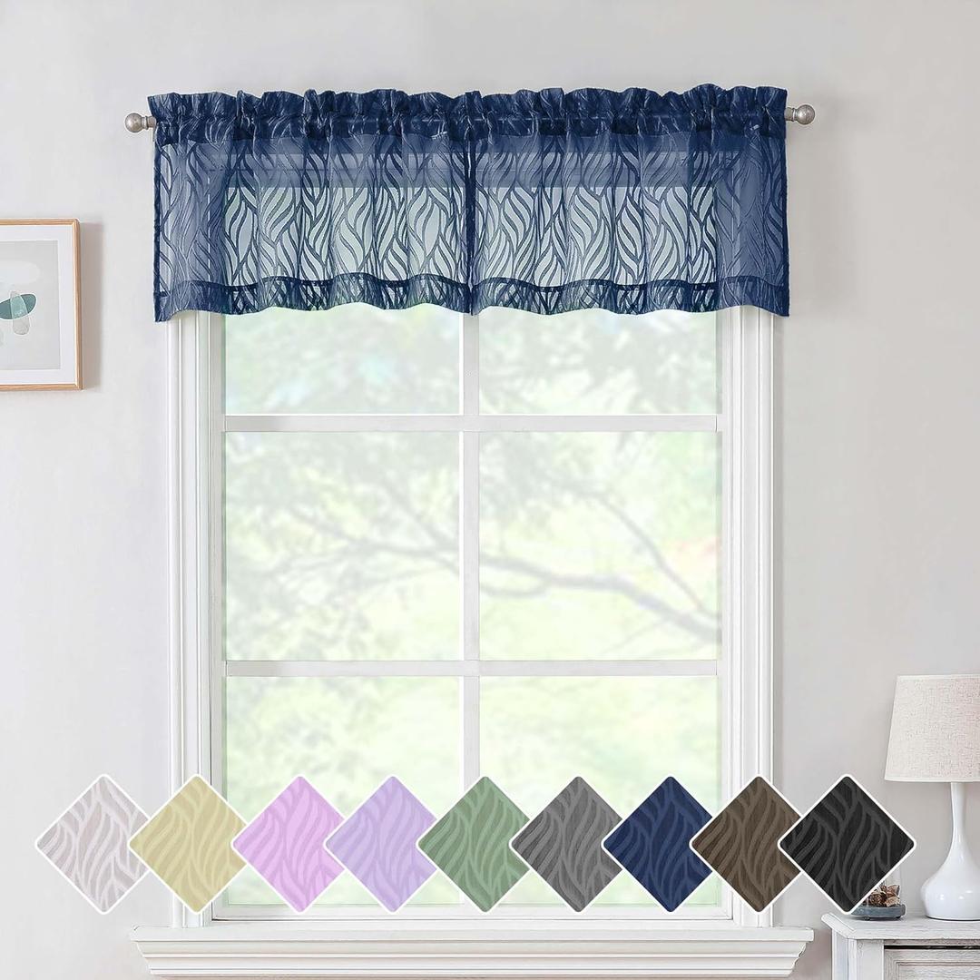 Chyhomenyc Marilyn 2PCS Navy Blue Sheer Valances for Windows 14 Inches Long, Light Filtering Soft Clip Jacquard Textured 3D Leaf Curtains for Bathroom Bedroom Small Windows, 38Wx14L Inches