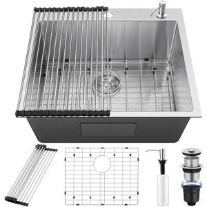 25x22Inch Drop In Kitchen Bar Sink, Herogo Stainless Steel Handmade 10'' Deep Topmount Single Bowl Kitchen Workstaion Rv Sink Basin for Laundry Room Utility with Accessories