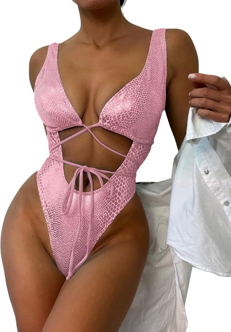 Womens Rave Wear One Piece Bodysuit Snakeskin Print Sexy Leg Rings Swimsuit for Festival Dance Rave Clothing (Small, Shiny Light Pink)