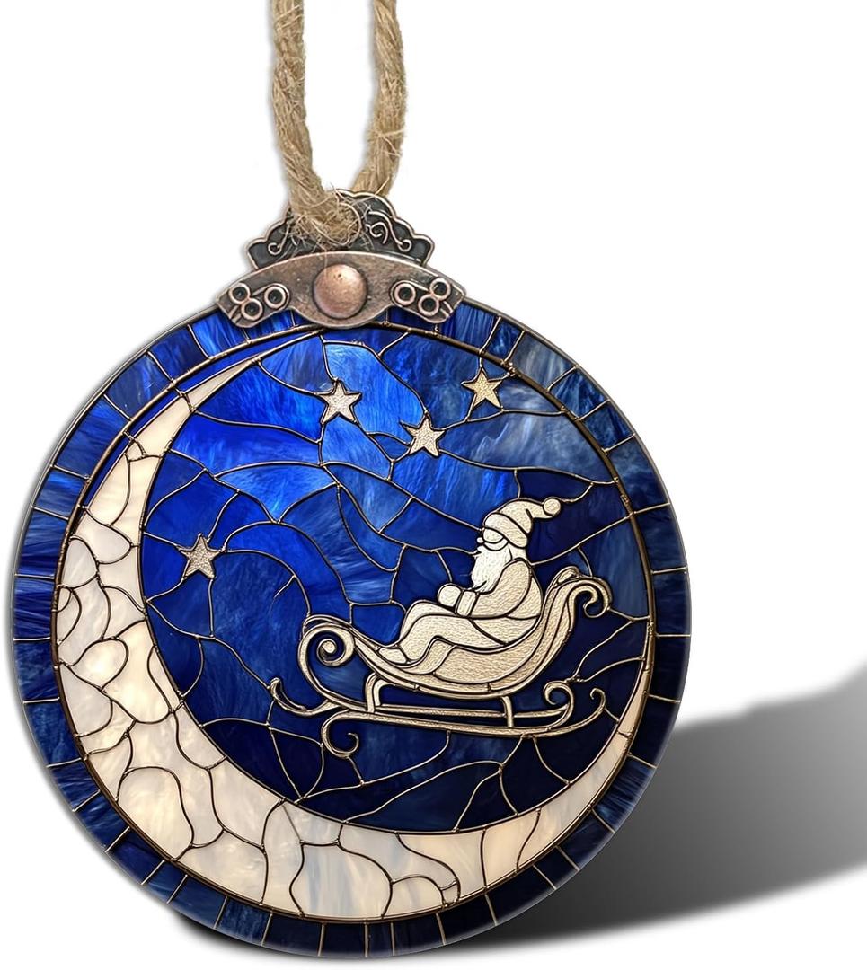 2 x Stained Glass Christmas Decorations, Santa Claus On The Moon Star Suncatcher for Window Christmas Tree Hanging Ornaments Blue Sun Catcher Xmas Decor Gifts for Women Men Mom Nana Friend (3.1x3.5 IN)