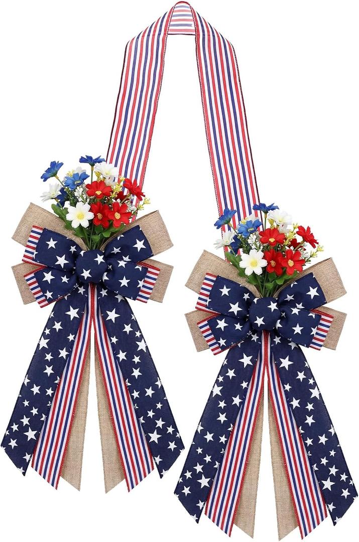 Riceshoot 63 Inch Double Sided Patriotic Door Wreath Bow 4th of July 250th Anniversary Decor Red White Blue Bow Wreath for Front Door Indoor Outdoor Independence Day Memorial Veterans Day