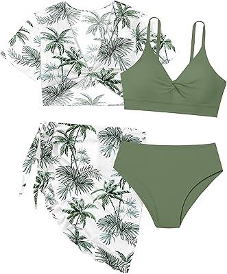 Girls Swimsuit 4 Piece Tropical Print Bikini Set Twist Criss Cross Bathing Suit with Kimono and Cover Up 9-16Y