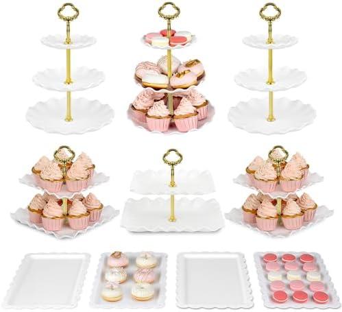 Pack of 10 NWK Cake Stand Set, with 3 x Two-Tier and 3 x Three-Tier Cupcake Stands, 4 x Appetizer Trays, for Birthday Baby Bridal Shower Party (Gold)