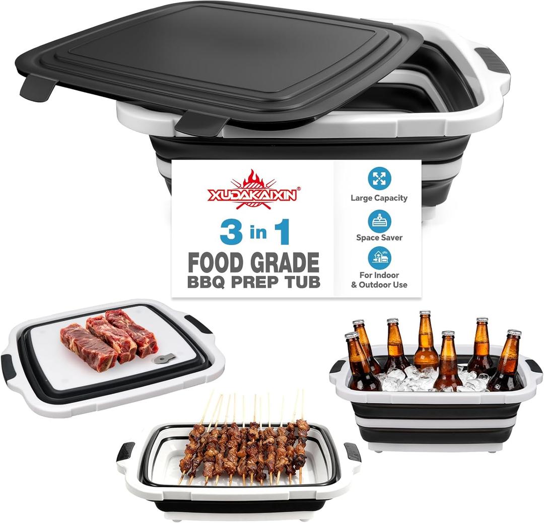 XUDAKAIXIN Collapsible BBQ Prep Tub for Meal Prep, Marinating, Food Storage, picnics, camping, barbecues, cutting fruits and vegetables - Includes Cutting Board and Locking Lid, (X-Large) Black