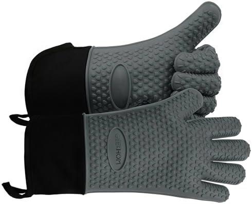 GEEKHOM BBQ Gloves Heat Resistant Oven Mitts - Silicone Grilling Gloves with 14" Long Arm Protection - Waterproof Pot Holder Non-Slip for Men & Women, Kitchen Cooking, Baking, Camping, Gray