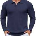 COOFANDY Men Long Sleeve Quarter Button Sweaters Ribbed Knit Pullover Sweater Casual Cable Polo Shirt Fall Polo Sweaters Blue Purple (Blue)