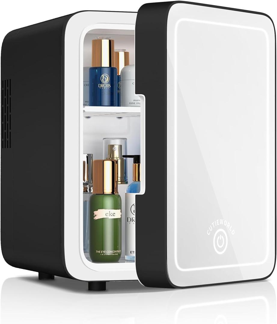 Makeup Fridge With Dimmable LED Light Mirror, 4L Mini Fridge for Bedroom, Car, Office & Dorm, Cooler & Warmer, Portable Small Refrigerator for Cosmetics, Skin Care and Food, Black (Black)