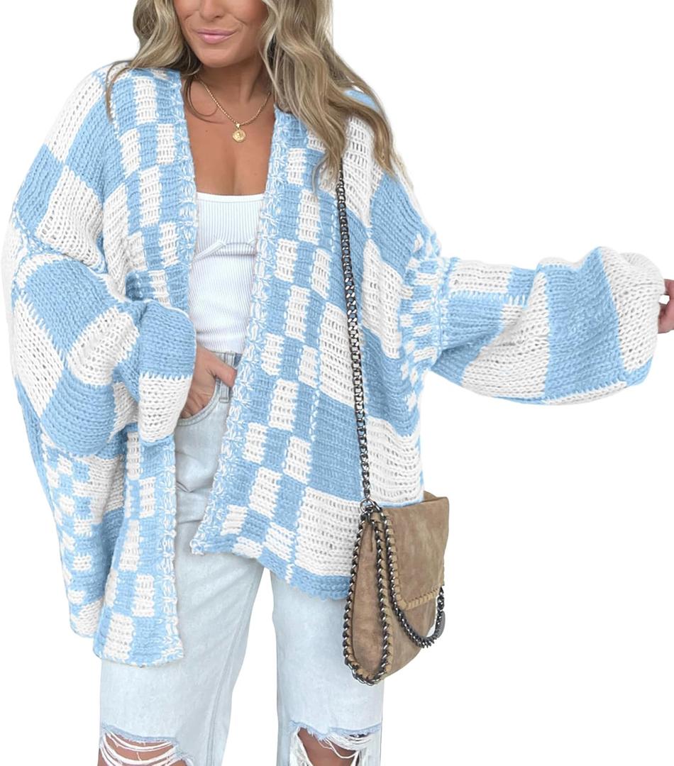 BTFBM Casual Cardigan Sweater for Women Fall 2026 Long Sleeve Open Front Chunky Knit Sweaters Checkered Outwear Coat (X-Large, Blue)