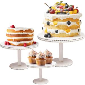 GENMOUS 8", 10", 12" Rustic Farmhouse Cake Stand, Decorative Wooden Beaded Cake and Cupcake Stand Combo for Birthday Party Decor, 3 Tiered Dessert Table Display Set for Wedding, Baby Shower, White